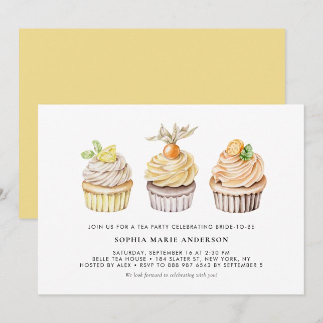 Convites Watercolor Berry e Citrus Cupcakes Tea Party (Frente/Verso)