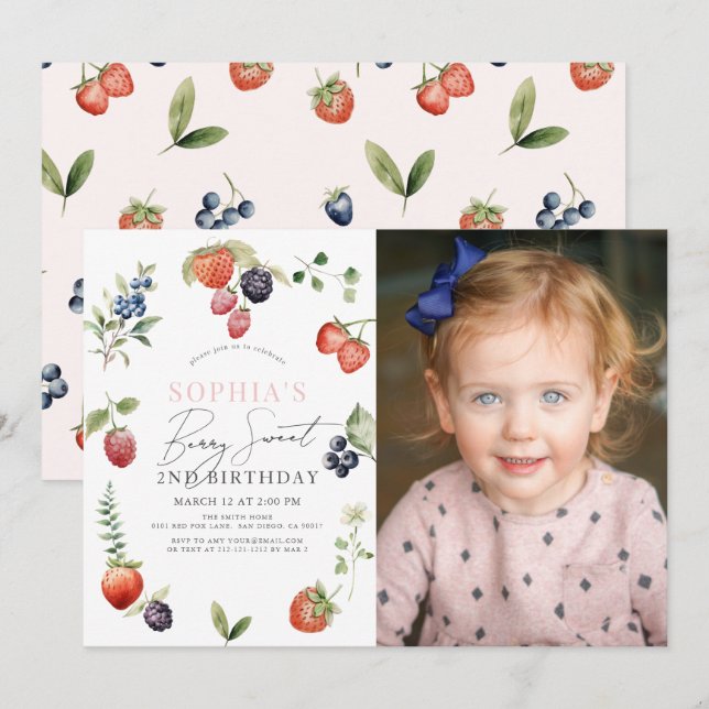 Convites Watercolor Berry First Girl Birthday Foto (Frente/Verso)