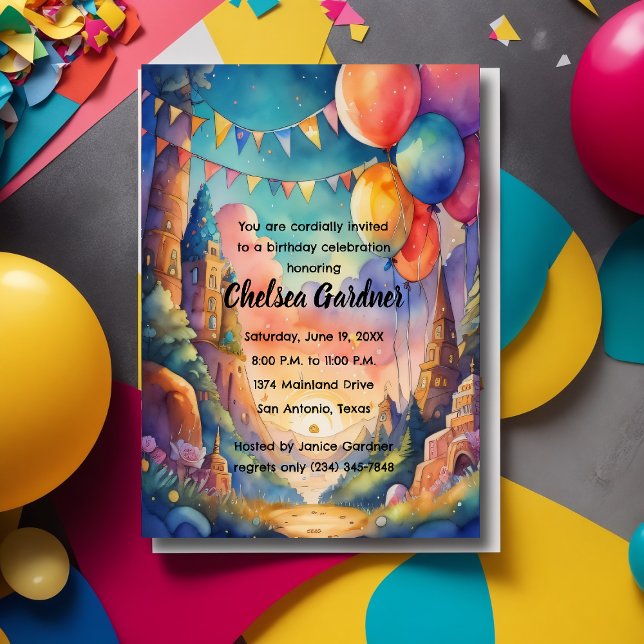 Convites Watercolor Birthday Balloons Fantasy Landscape (Criador carregado)