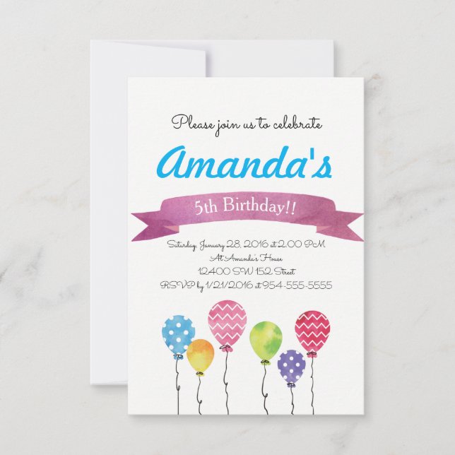 Convites Watercolor Birthday Balloons Invons (Frente)