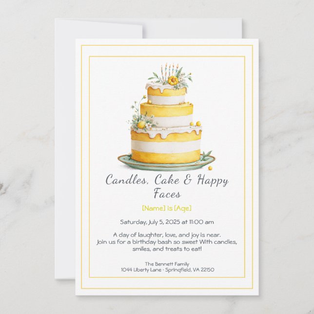 Convites Watercolor Birthday Cake Invance - amarelo (Frente)