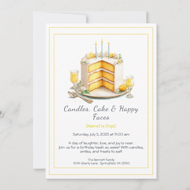 Convites Watercolor Birthday Cake Invance - amarelo (Frente)