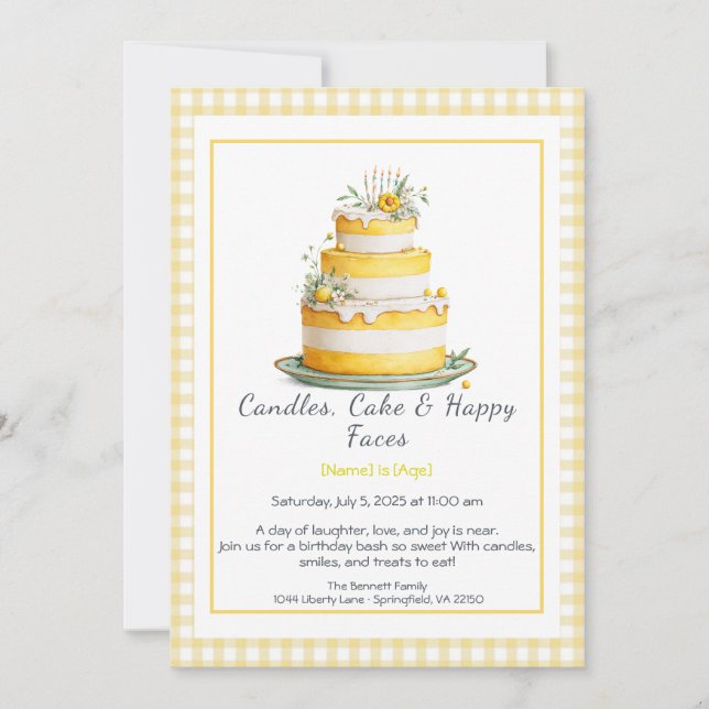Convites Watercolor Birthday Cake Invance - amarelo (Frente)