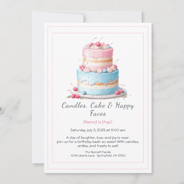 Convites Watercolor Birthday Cake Invance - azul-rosa (Frente)