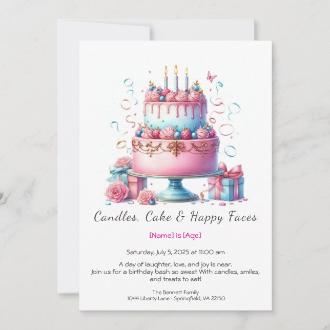 Convites Watercolor Birthday Cake Invance - azul-rosa (Frente)