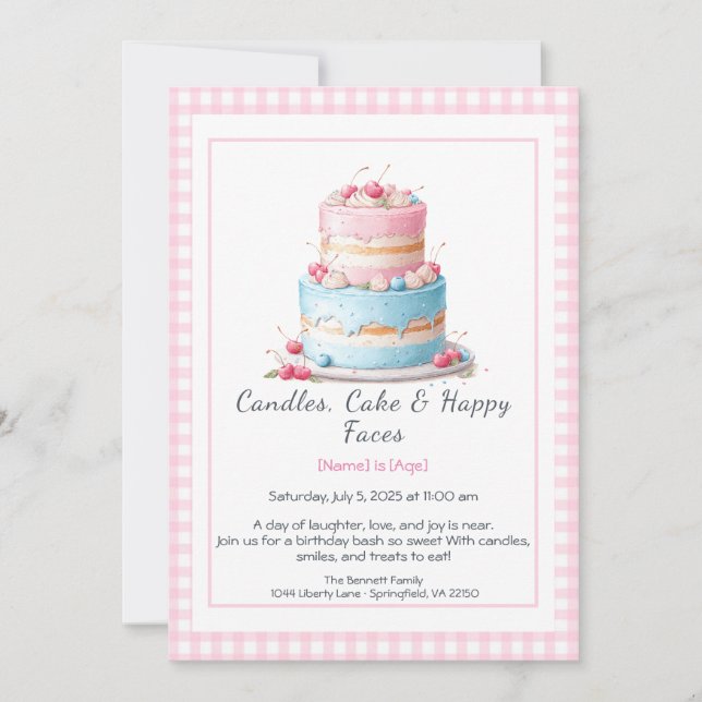 Convites Watercolor Birthday Cake Invance - azul-rosa (Frente)
