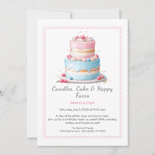 Convites Watercolor Birthday Cake Invance - azul-rosa (Frente)