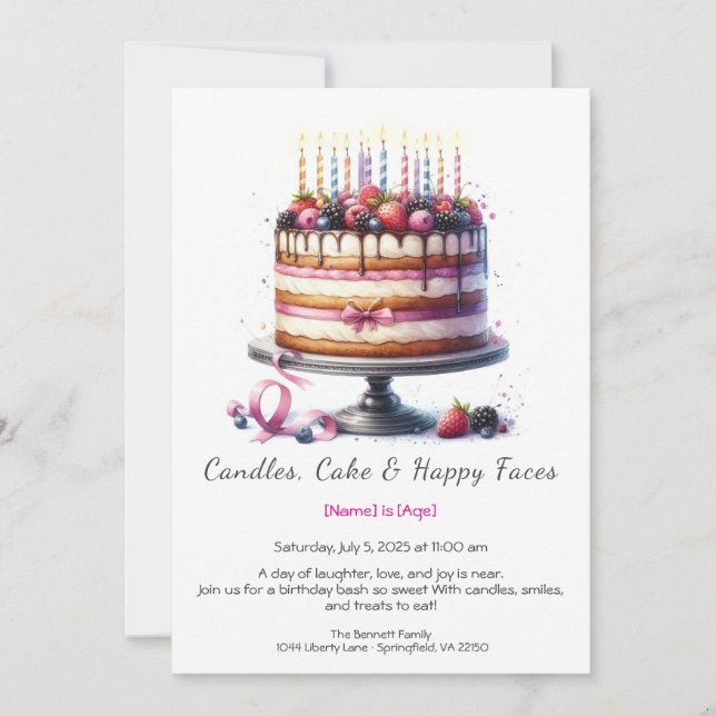 Convites Watercolor Birthday Cake Invance - azul-rosa (Frente)