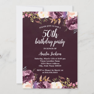 Convites Watercolor Bloom Purple Floral 50ª Festa de aniver