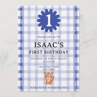 Convites Watercolor Blue Check Tiger Birthday Invitation