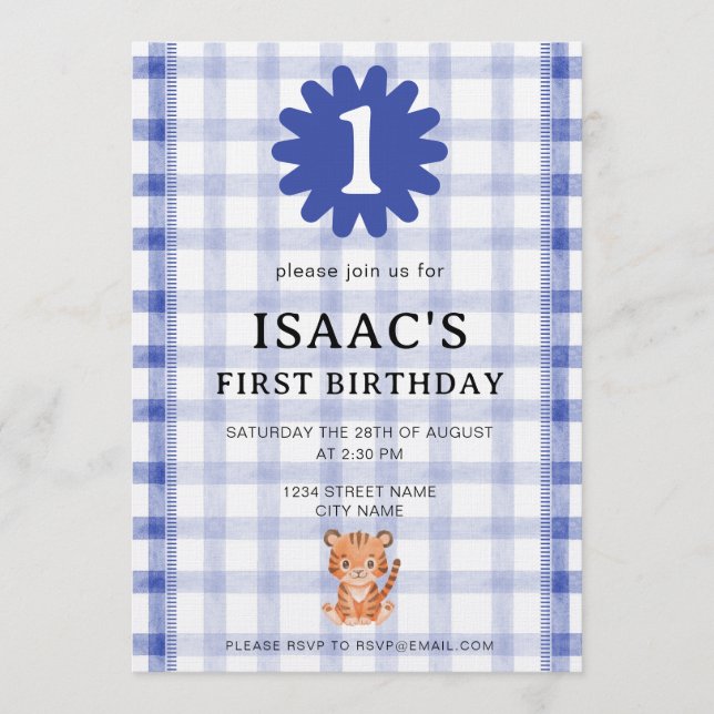 Convites Watercolor Blue Check Tiger Birthday Invitation (Frente)