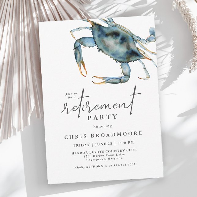 Convites Watercolor Blue Crab Seafood Retirement Party (Available as printed and paperless digital download!)