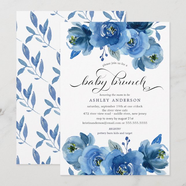 Convites Watercolor Blue Floral Baby Brunch (Frente/Verso)