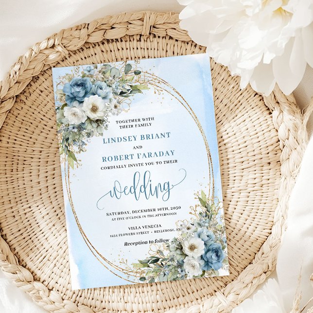 Convites Watercolor Blue Floral Greenery Gold Wedding Invit (Watercolor Blue Floral Greenery Gold Wedding Invite)