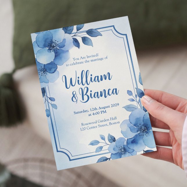 Convites Watercolor Blue Floral Wedding Invitation (Criador carregado)