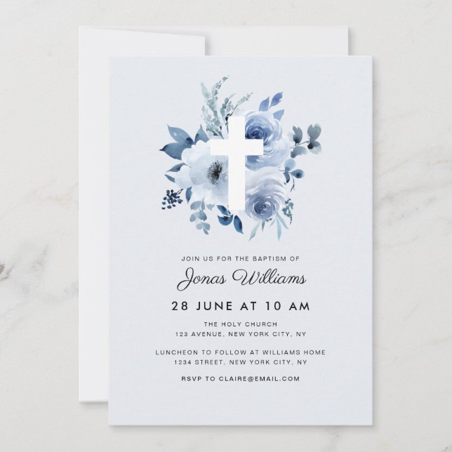 Convites Watercolor blue florals Baptism invitation (Frente)