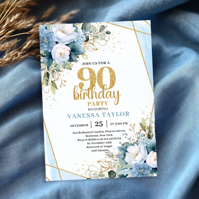 Convites Watercolor Blue Flowers 90th Birthday Elegant  (Watercolor Blue Flowers 90th Birthday Elegant Party Invite

)