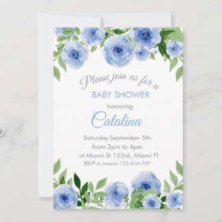 Convites Watercolor Blue Flowers Baby Shower Invitation