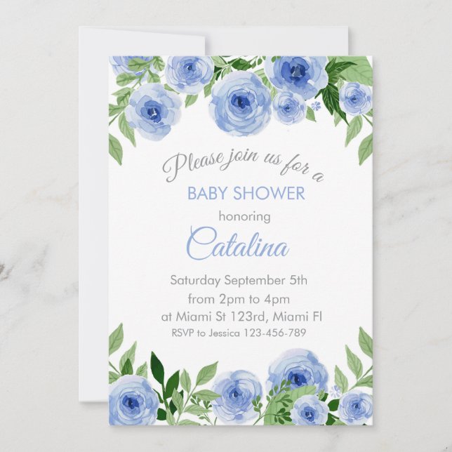 Convites Watercolor Blue Flowers Baby Shower Invitation (Frente)