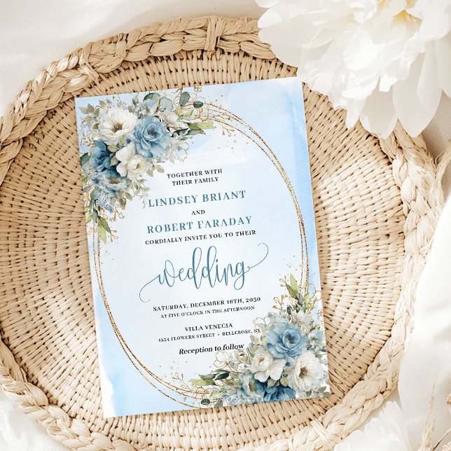 Convites Watercolor Blue Flowers Eucalyptus Gold Wedding  (Watercolor Blue Flowers Eucalyptus Gold Wedding Invite)