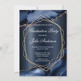 Convites Watercolor Blue Gold Marble Graduation Party