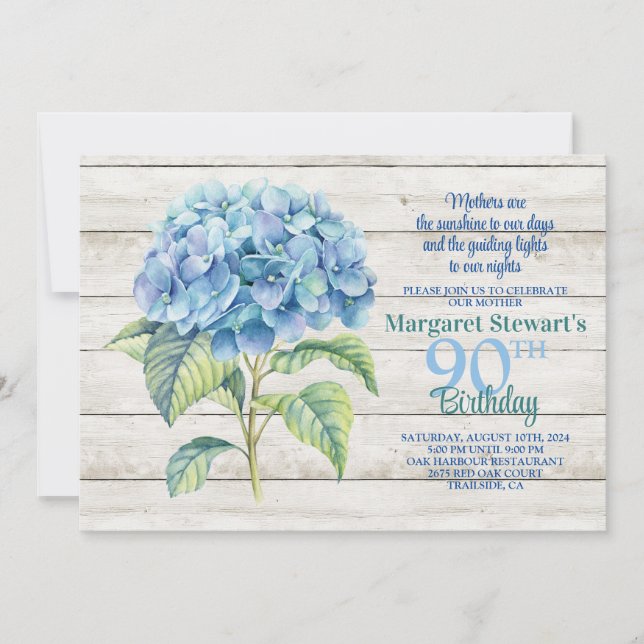 Convites Watercolor Blue Hydrangea 90 Birthday (Frente)