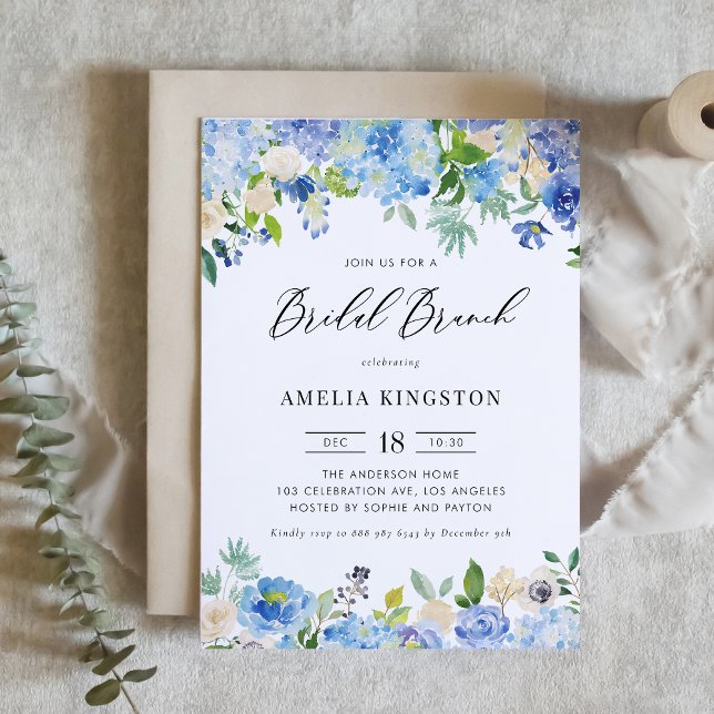 Convites Watercolor Blue Hydrangea Floral Bridal Brunch (Criador carregado)