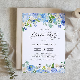 Convites Watercolor Blue Hydrangea Floral Garden Party