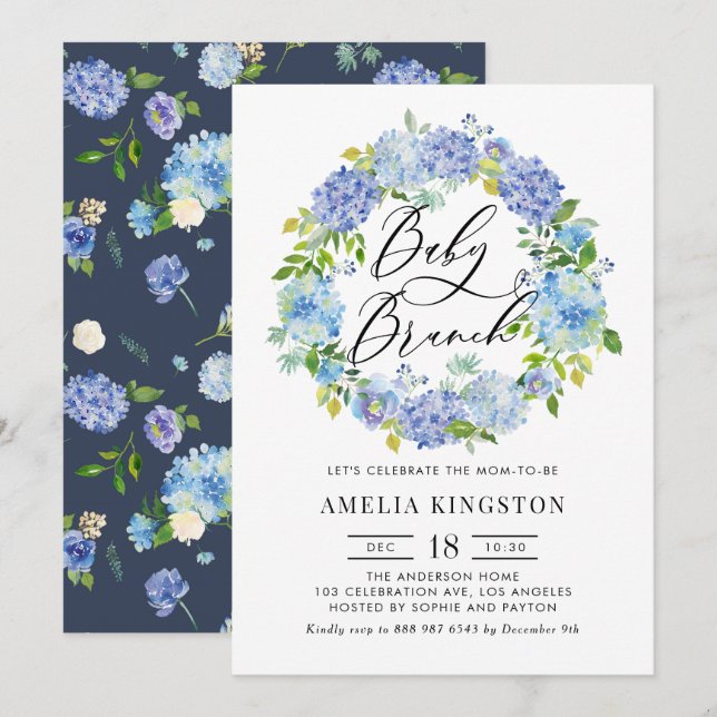 Convites Watercolor Blue Hydrangea Wreath Baby Brunch (Frente/Verso)