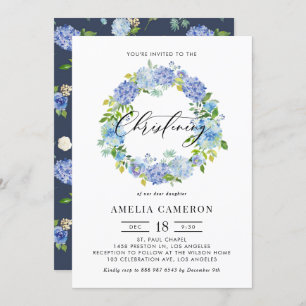 Convites Watercolor Blue Hydrangea Wreath Christening