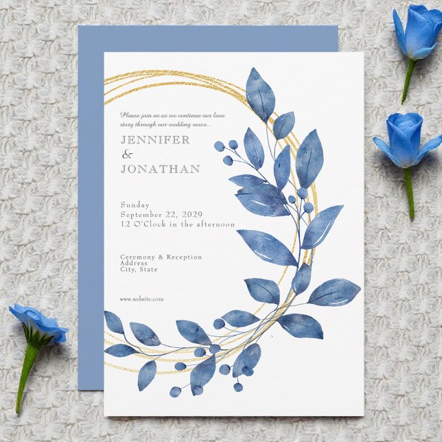 Convites Watercolor Blue Leaves Gold Wedding Invitation (Criador carregado)