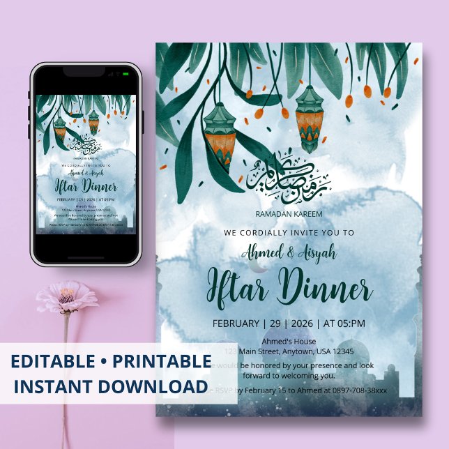 Convites Watercolor Blue Mosque & Lanterns Iftar Dinner (Criador carregado)