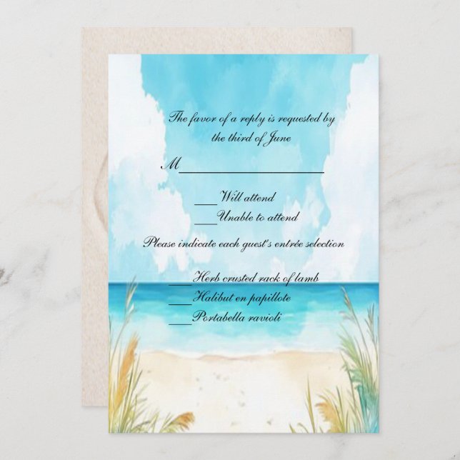 Convites Watercolor Blue Ocean Beach Weding RSVP (Frente/Verso)
