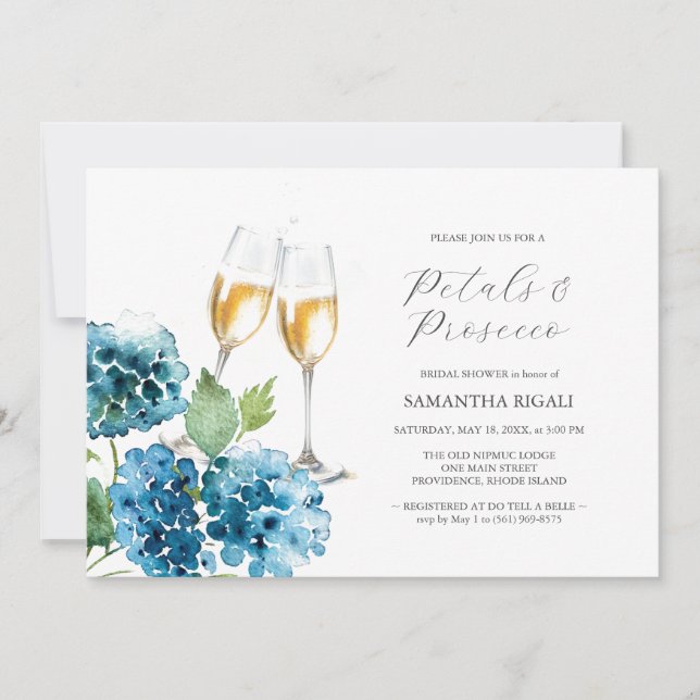 Convites Watercolor Blue Petals & Prosecco Bridal Shower (Frente)