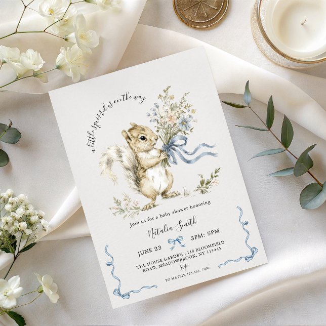 Convites Watercolor Blue Ribbon Squirrel Baby Shower  (Criador carregado)