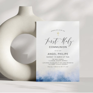 Convites watercolor blue script first sagrado communion
