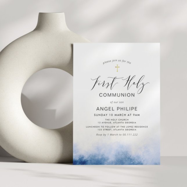 Convites watercolor blue script first sagrado communion (Criador carregado)