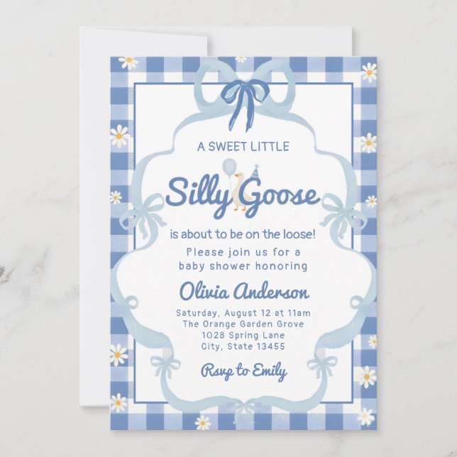 Convites watercolor blue Silly Goose Gingham Ribbon girl (Frente)