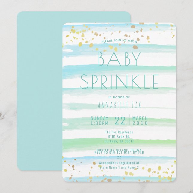 Convites Watercolor Blue Stripes Baby Sprinkle Invent (Frente/Verso)