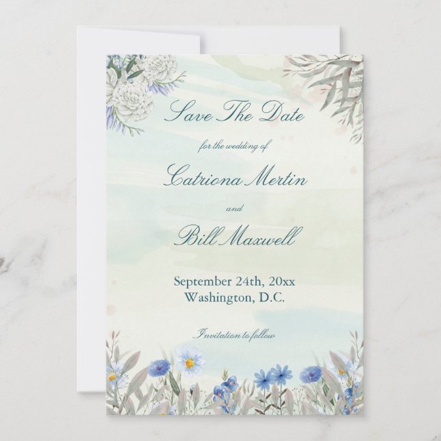 Convites Watercolor Blue Wildflower Save The Date Card (Frente)