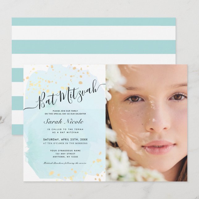Convites Watercolor Blue x Dourado Bat Mitzvah (Frente/Verso)