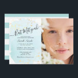 Convites Watercolor Blue x Dourado Bat Mitzvah<br><div class="desc">Este na moda e elegante convite para fotos do Bat Mitzvah apresenta um fundo azul turquesa em aquarela com falsa dourada e a inscrição em preto. O verso apresenta um fundo branco com listras azuis turquesas. Personalize-o para as suas necessidades. Você pode encontrar produtos correspondentes na minha loja.</div>