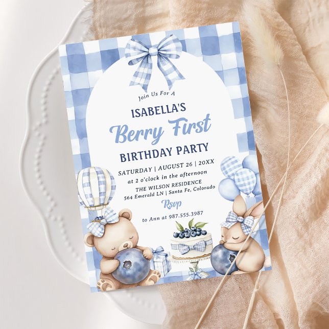 Convites Watercolor Blueberry 1st Birthday Party (Criador carregado)