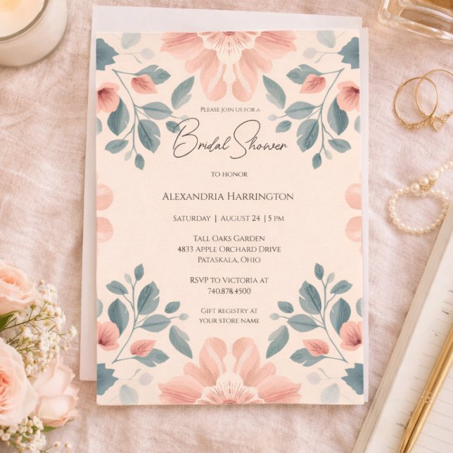 Convites Watercolor Blush and Green Floral Bridal Shower  (Criador carregado)
