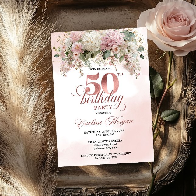 Convites Watercolor Blush Bouquet Gold Greenery 50 Birthday (Watercolor Blush Bouquet Gold Greenery 50th Birthday)