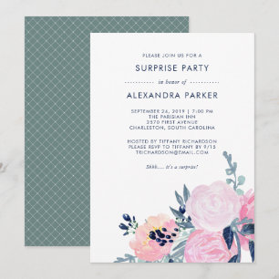Convites Watercolor Blush e Marinho Floral Surprise Party