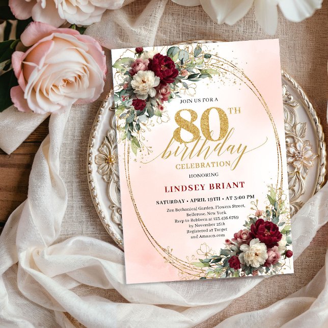 Convites Watercolor Blush Floral Gold 80th Birthday Invite (Watercolor Blush Floral Gold 80th Birthday Invite)