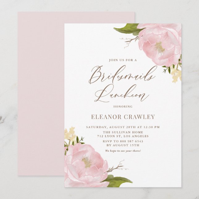 Convites Watercolor Blush Pink Peony Bridesmaids Luncheids (Frente/Verso)