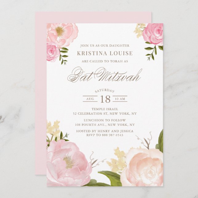 Convites Watercolor Blush Pink Peony Floral Bat Mitzvah (Frente/Verso)
