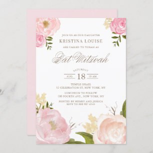 Convites Watercolor Blush Pink Peony Floral Bat Mitzvah